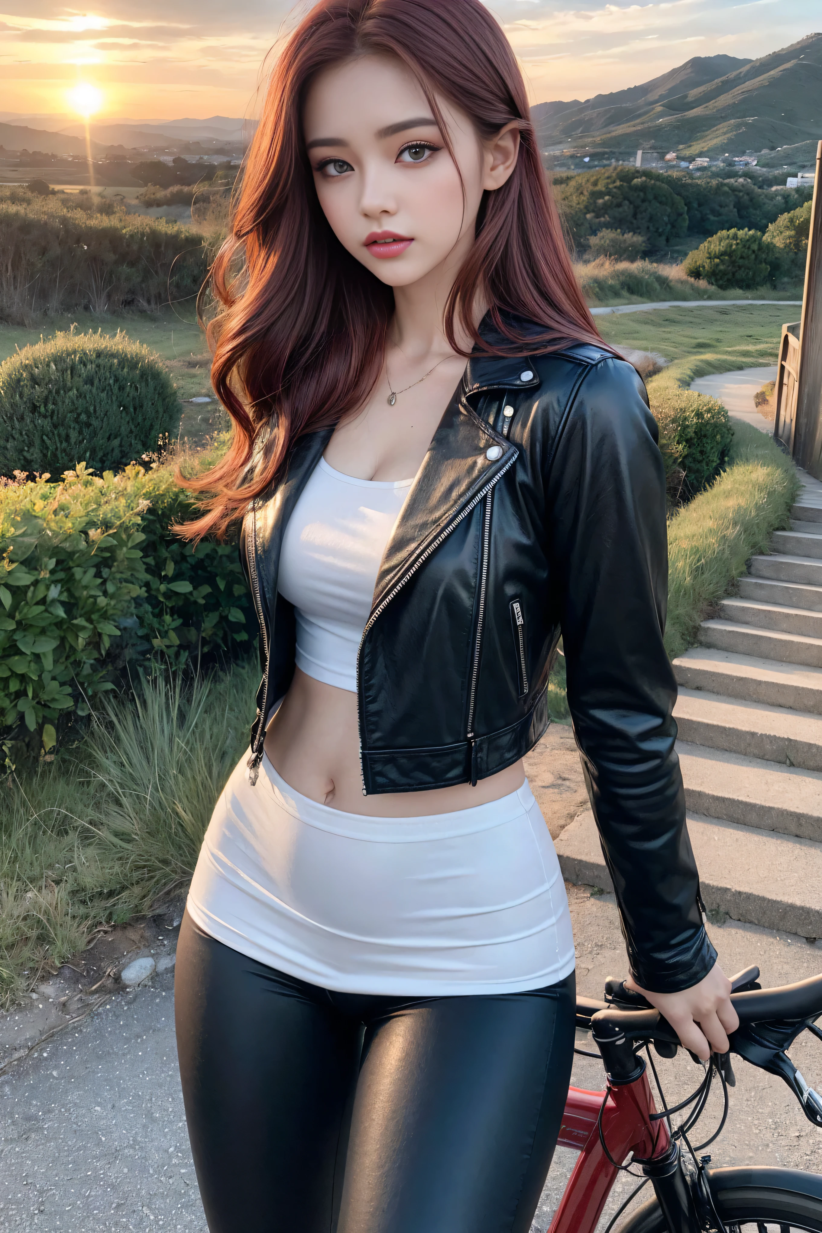 Woman riding a classic bicycle,Beautiful woman,Red long hair,Full scene shooting,Best quality,Sunset,Stairway,Windy,look up to the sky,Beautiful women,Outdoor scene,Dark red hair,Natural landscape,Fall,leather jacket,Belly button popping,Tights,Sexy long legs,(Thigh gap:1.5),(Hips,Wide hips),Highly detailed face and skin texture,Delicate eyes,Double eyelids,whole body,20-year-old female model,Octane Rendering,Two-tone lighting,Large aperture,Low ISO,White Balance,Drive a motorcycle,landscape