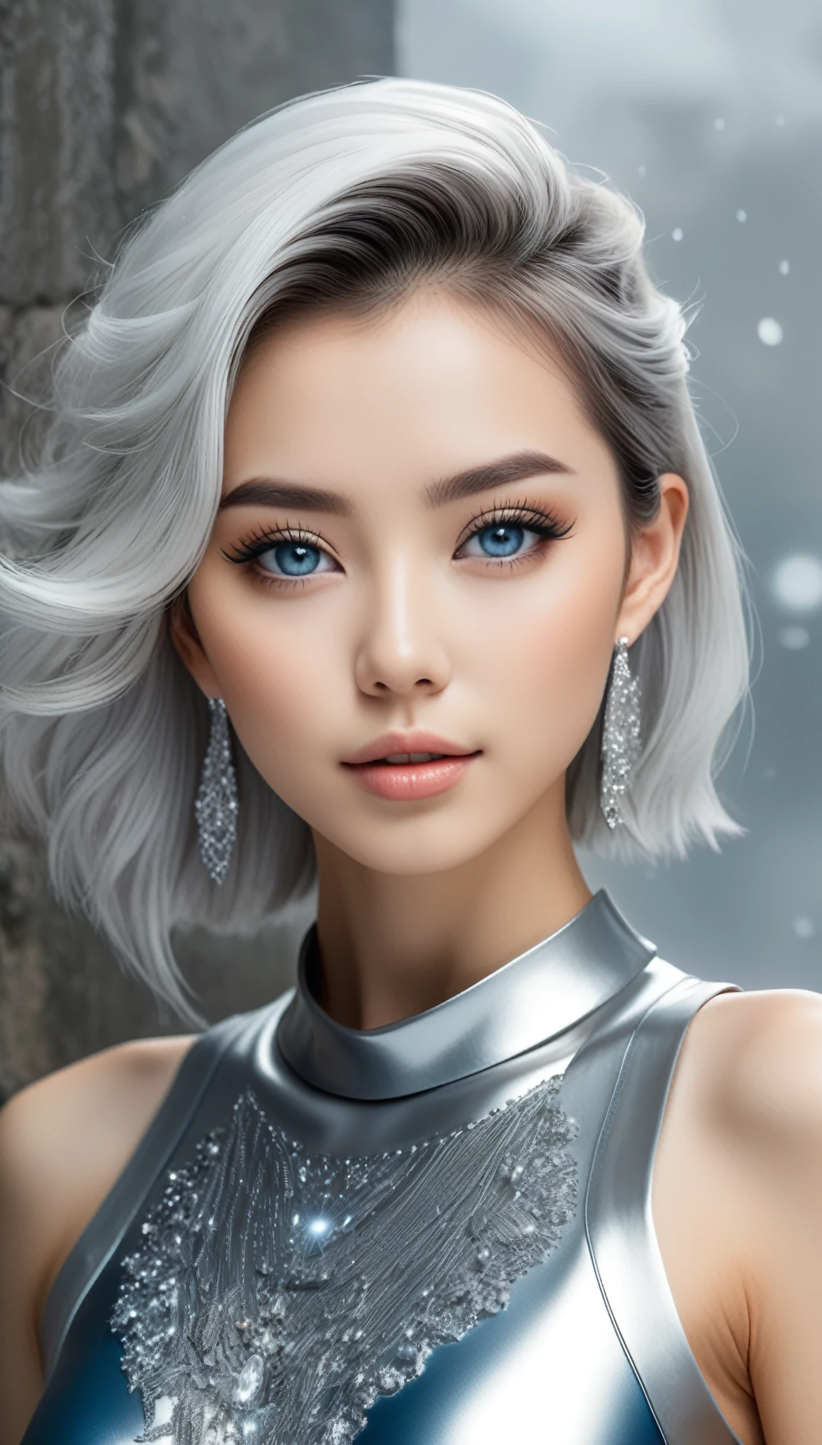 (masterpiece, Best Quality, hyper Detailed, hyper Realistic luna girl:1.4), BREAK beautiful Pretty Japanese ig model, glamorous body, render of april, (all body shot, standing:1.2), BREAK (Detailed wear, all body wear:1.2), (sleeveless futuristic high-neck knit one-piece dress:1.4), (emphasis on body contour:1.2), (white theme:1.4), (silver metallic thread embellishments:1.3), (silver statement necklace:1.3), (silver cuff bracelets:1.3), (silver hoop earrings:1.3), (silver anklet:1.3), (white leather gloves:1.3), (skirt hem held by hand:1.3), (high-tech thick-soled high-top sneakers:1.4), (white theme:1.2), (silver details:1.2), (futuristic latex sun visor:1.4), arranged gray hair, BREAK (Detailed medium breasts, Detailed bodyline, Detailed legs and calves), (ultra slim waist, firm medium breasts, medium buttocks, beautiful sexy legs:1.2), White and beautiful Silky skin, thin and short neck, small head, BREAK small head, Detailed face, cute and Pretty (slim face:1.2), Duck mouth, perfect beautiful Tooth, blue eyes, half open eyes, shiny eyes, gray hair, looking other, (in a concrete, fog, mist, steem)