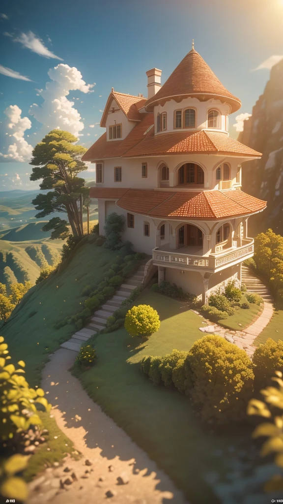 A house made of white stone with red clay roof in a high Cliff and beautiful landscape view behind the cliff, there are trees surrounding the house, dirt pathway, blue sky, big clouds, sunlit, (intricate design) (octane render) (cinematic light) (8k)