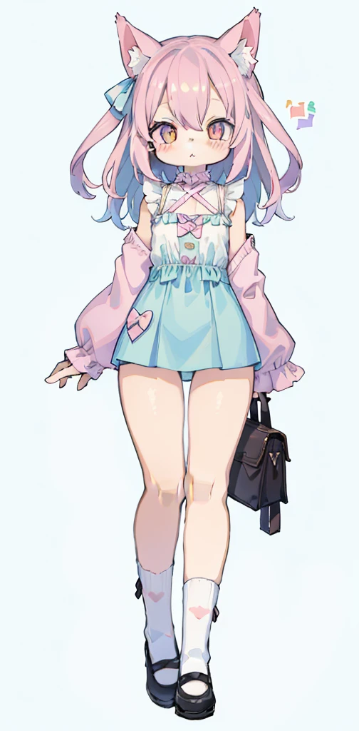 cat, full body, adult body, 1 girl, medium chest, legs, thighs, (pastel color: 1.5), (cute illustration: 1.5), (watercolor: 1.2), white background background