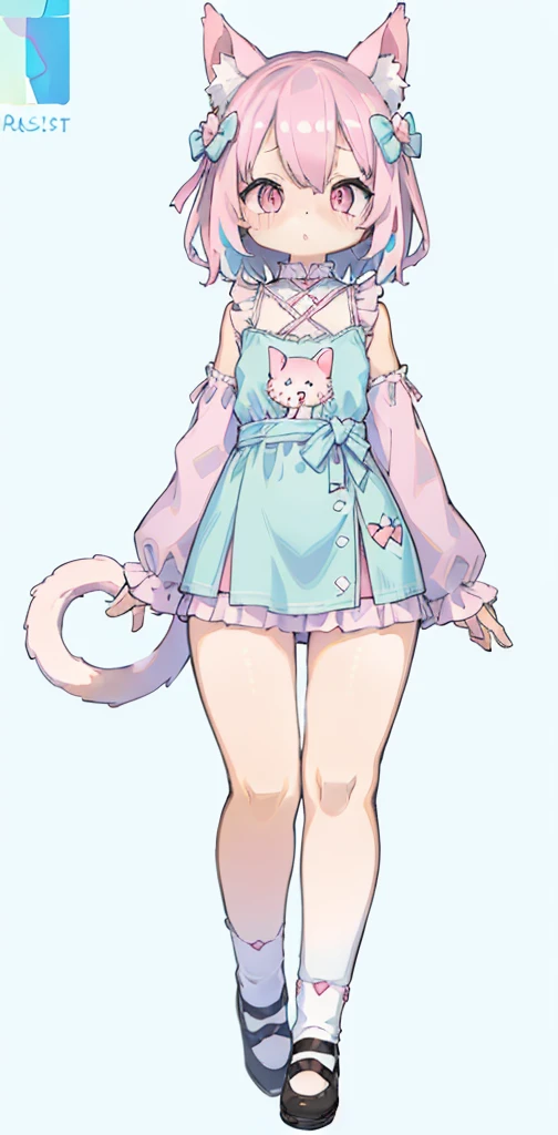 cat, full body, adult body, 1 girl, medium chest, legs, thighs, (pastel color: 1.5), (cute illustration: 1.5), (watercolor: 1.2), white background background