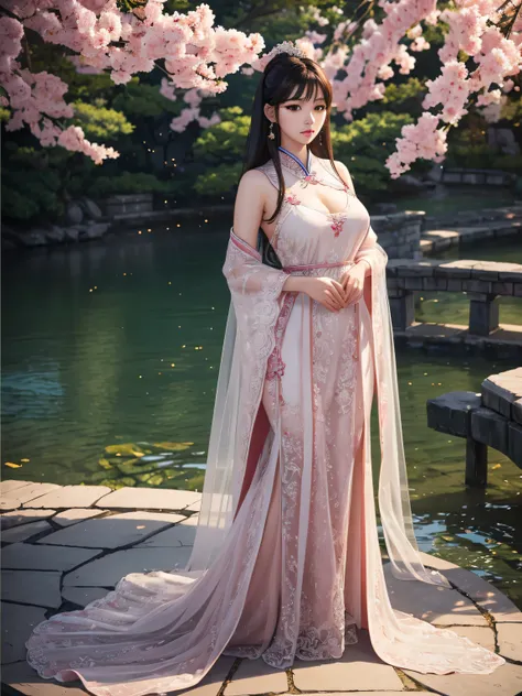 beautiful dress, adult, female, detailed description, realistic, very beautiful female, korean, beautiful chinese background, br...