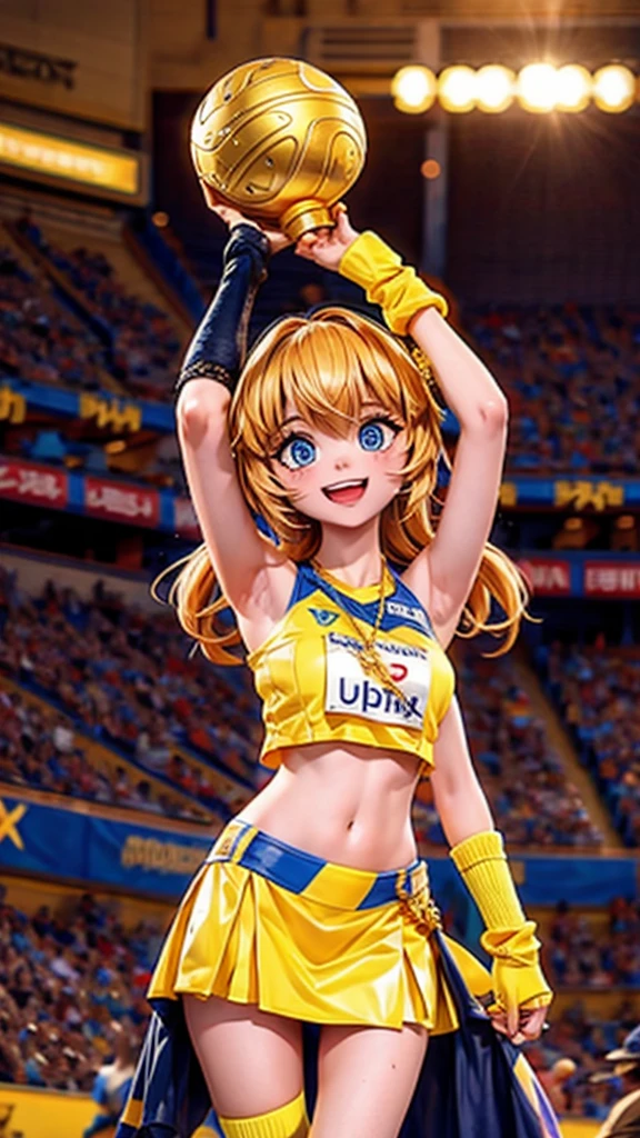 Girl holding a gold trophy、stadium podium