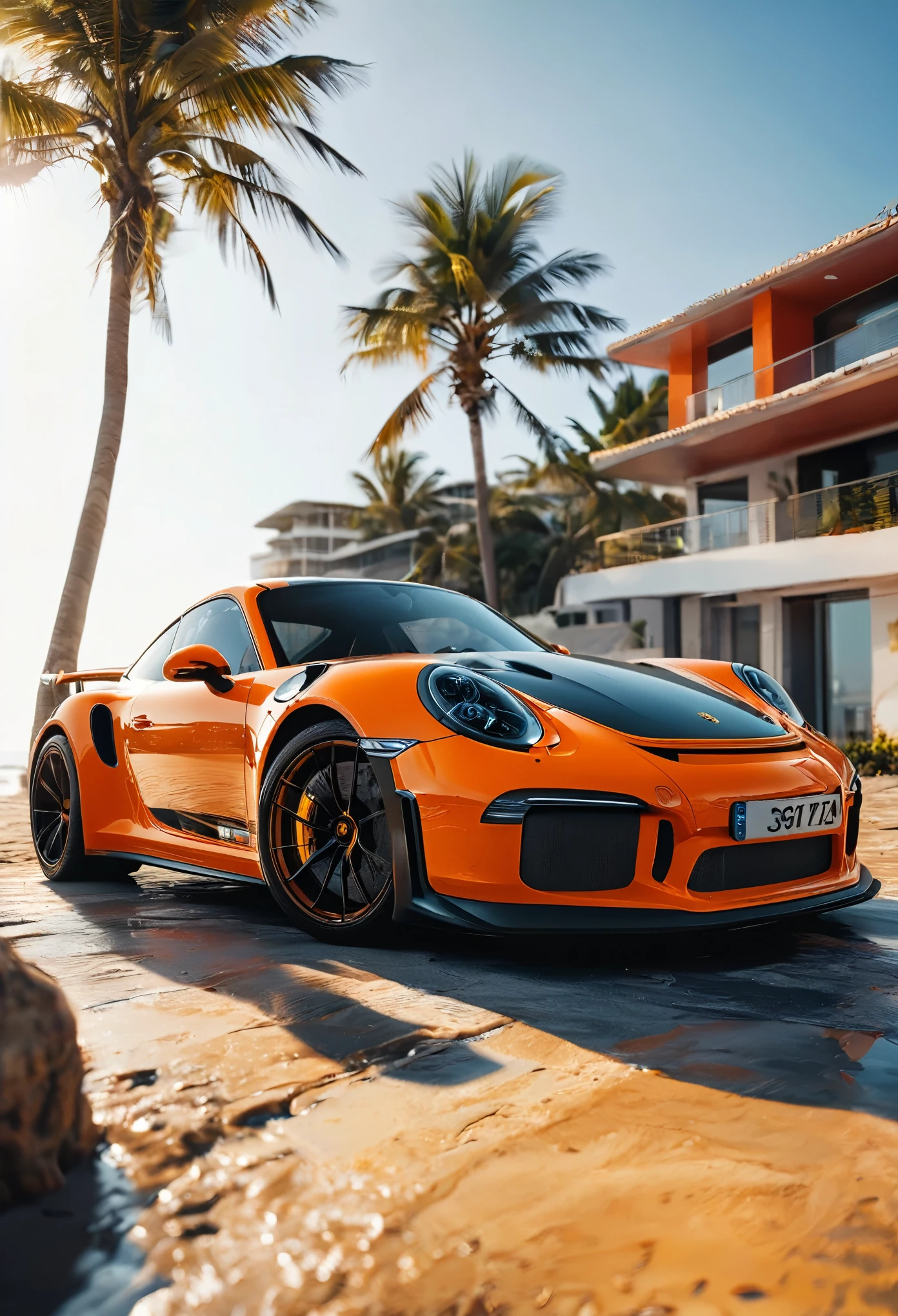 porsche gt3 rs color orange, wallpaper beach background --ar 2:3 --style raw, sony α7 III, candid 4k, F1. 2, 85mm, 32k render, photography realistic