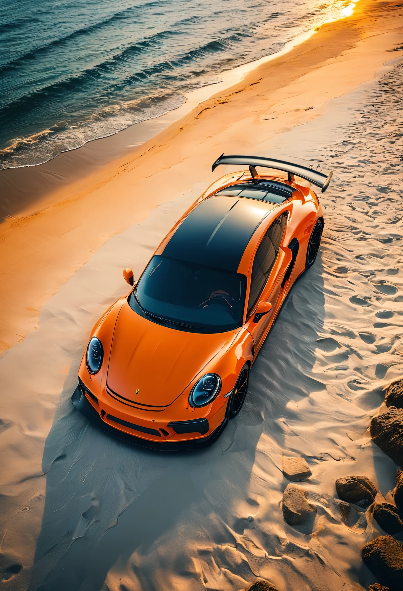 porsche gt3 rs color orange, wallpaper beach background --ar 2:3 --style raw, sony α7 III, candid 4k, F1. 2, 85mm, 32k render, photography realistic 