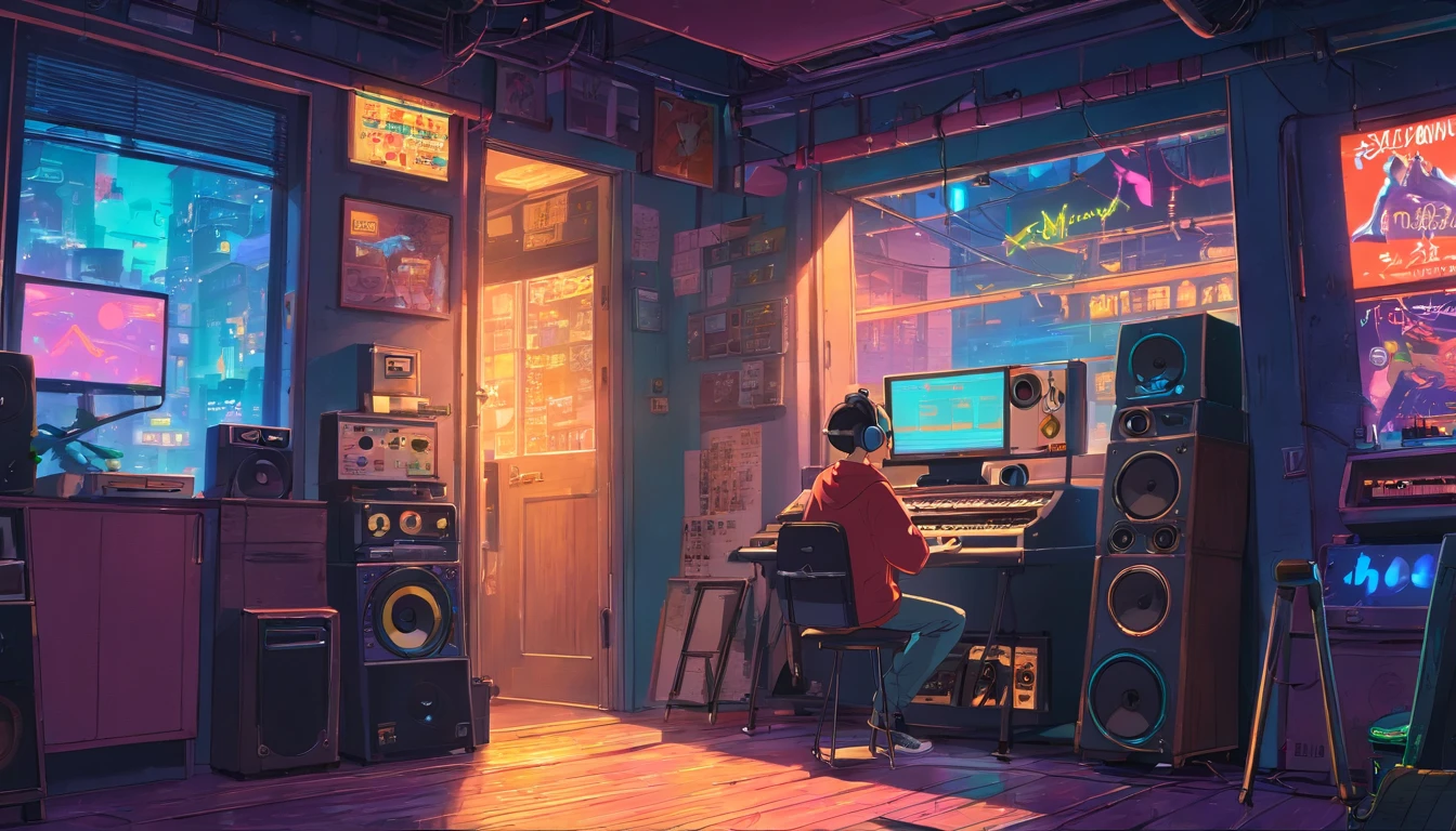 Photo of a man listening to music with headphones, text Why you, Super Detail, Retro wave, Cyberpunk, sad vibe, night light through the window, Jamaican flag through the window, night vibes, One bedroom, 2D, (Longshot), wide shot, (noise of the film), OLD CARTOON, (many records: 1.3), vinyl record store, (masterpiece, Very high quality, Very high quality, Official Art, Beautiful and Aesthetic: 1.2), (very detailed, (Fractal Art: 1.4 ), Guitar, (notes: 1.4), (lo-fi hip-hop), side view, old anime texture, alone, Loudspeaker, Cyberpunk, vinyl, Night