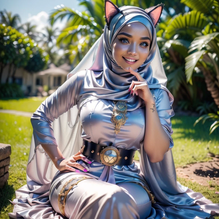 3 girls, 3 people,3DMM, ((Masterpiece, best quality, photography, detailed skin, realistic, photo-realistic, 8k, highly detailed, full length frame, High detail RAW color art, diffused soft lighting, shallow depth of field, sharp focus, hyperrealism, cinematic lighting, hijab, a woman in a beautifully makeup, smokey eyeshadow, beautiful big eyes, long eye lashes, wearing (Taupe satin hijab), loosely tide hijab style, ((gray satin shirt)), satin long maxi skirt, reading, sitting under tree, garden, Craft a photorealistic scene of a Malay girl in hijab as an intrepid explorer in a steampunk world. Showcase intricate gears, Victorian-inspired fashion, and a sense of adventure in this alternate reality, 8mm lens, Extreme close-up, pastel color grading, depth of field cinematography effect, film noir genre, 8k resolution, high quality, ultra detail, thicc, wearing hijab, hijab star, hijab gorgeous, hijab super model, Malaysian girls group,malay, The whole body consists of a young girl with hijab, Eye makeup, 21yo, Cat ears, Soft lighting, group, Wear shabby clothes, Dirty, Tattered futuristic bikini, Cat's paw badge, Pose, spot color, rendering by octane, Ultra-realistic intricate details, Cinematic, 8K resolution, 70mm, emphasis lighting, Global illumination, (((wearing a Sexy belt design by LV))) Surreal full-body figure, Beautiful and delicate body and face, gorgeous figure, ssmile, Titillating，Surreal full-body figure，Beautiful and detailed body and face, Super vista, White skin of the, vivd colour,🔥8k, (masterpiece), (((highest quality)), (super detailed), 2 girls, (iridescent hair, colorful hair, half blue and half pink hair: 1.2), 38 years old, (Gorgeous Malay Girls: 1.2), outdoor, bangs, smile, sky blue eyes, perfect hands, perfect hands, hand details, corrected finger