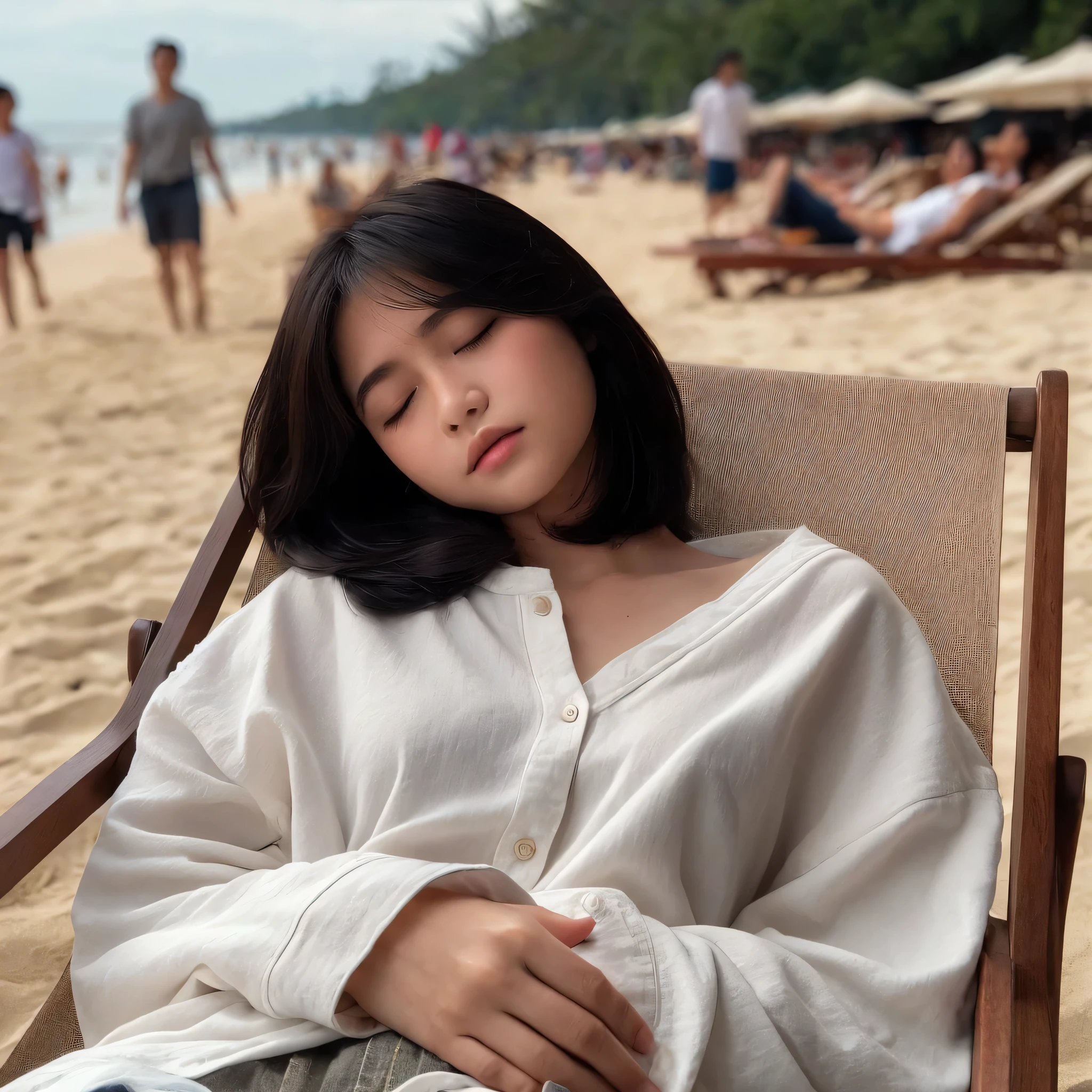  an indonesian girl, 18 year old, wearing a looser white tanktop, sleeping on the beach table, outdoor at beach atmosphere, human, table and chair, umbrelas, as background