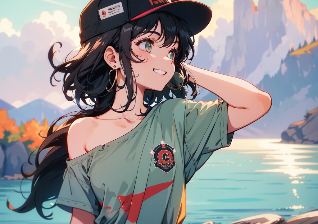 logo chill lofi looking away from below best quality grin medium hair black hair cuff earrings baseball cap