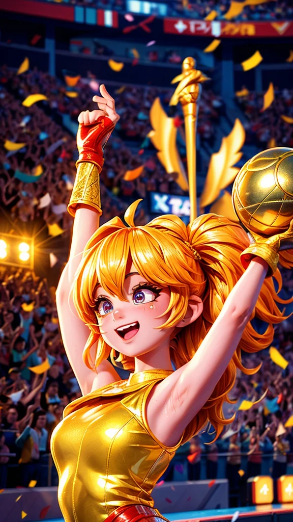 A girl holding a golden trophy, podium in the stadium, bright spotlights, cheering crowd, victory celebration, victorious expression, confetti raining down, proud stance, triumphant atmosphere, professional photography, vibrant colors, shiny golden texture, detailed facial features, long eyelashes, intense competition, achievement recognition, glamorous scene, high-res image, masterful artwork, artistic rendering, precise detailing, dynamic composition, high-quality portrait, joyful emotion, energetic atmosphere, impressive achievement, award ceremony, glorious moment, triumph in sports, dramatic lighting, grand stage.