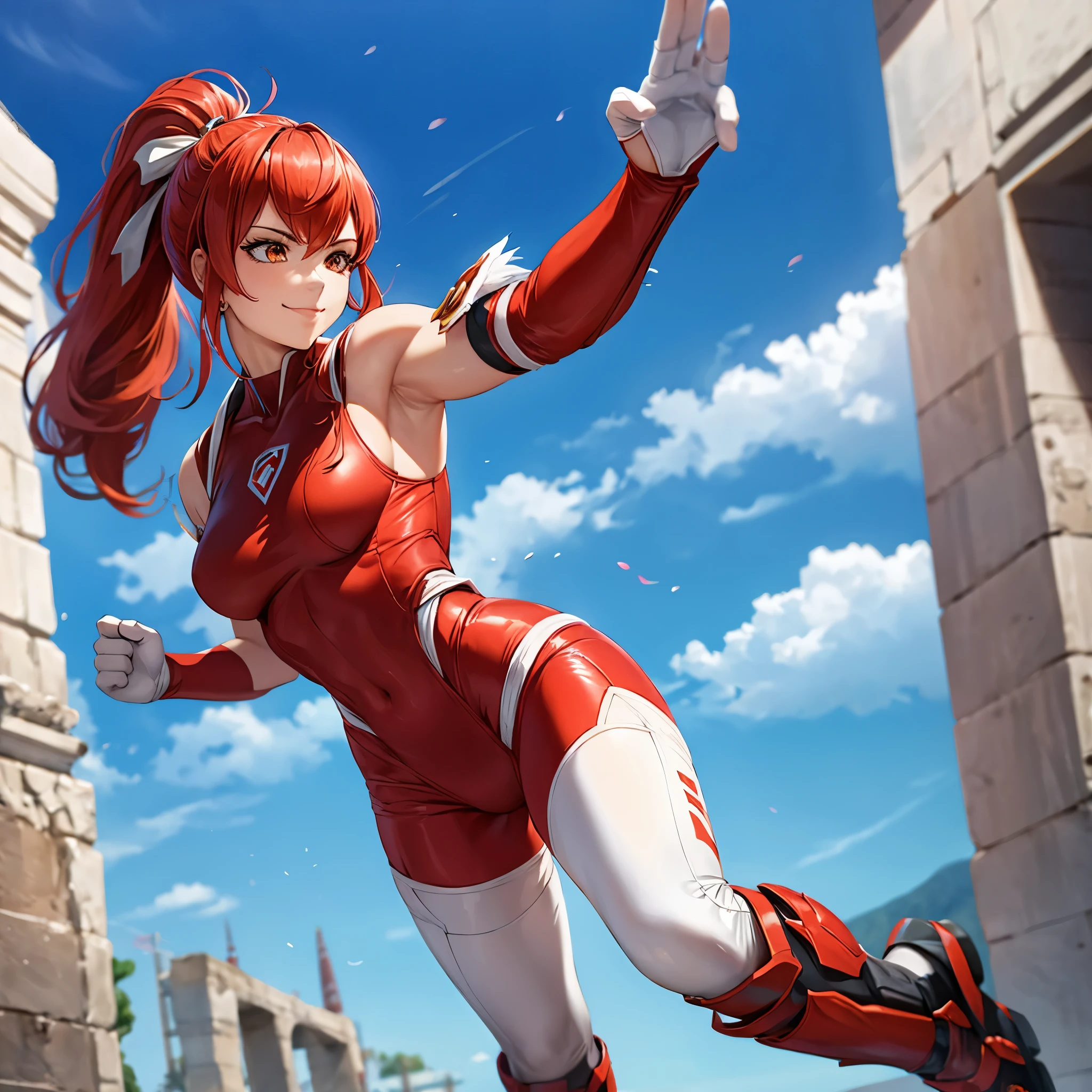 A woman wearing a classic red power ranger costume, in a fighting stance, on an ancient Roman platform, white boots, white gloves, red hair, ponytail hair, orange eyes, smiling, body postured, in a fighting stance, full body, bokeh effect,atmospheric perspective, 8k, superdetail, accurate, best quality, award-winning, textured skin, high resolution, anatomically correct(solo woman)
