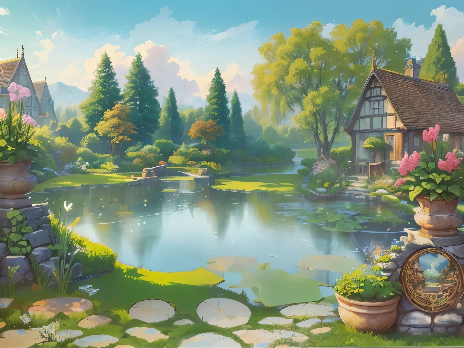 There is a painting，There is a garden in the painting，There is a pond and a house inside, Fairy tale style background, background technologywork, anime rural scenery, background technology, Garden Background, royal Garden Background, Detailed scenery —width 672, A beautiful artistic illustration, pond landscape, garden pond scene, Landscape Art Detail, 2D Game Art Background, environment design illustration, anime background technology