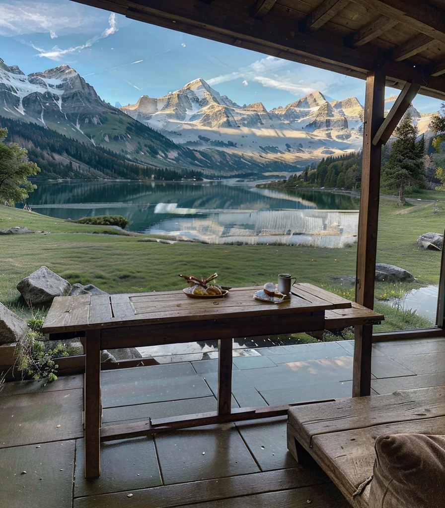 there is a table with food on it and a view of a lake, beautiful place, log cabin beneath the alps, paradise in the background, lake house, cozy place, all in the amazing outdoors view, setting in nature, beautiful setting, epic scenic shot, beautiful environment, epic and stunning, fantasy setting, fairy tale place, switzerland, cottagecore!!
