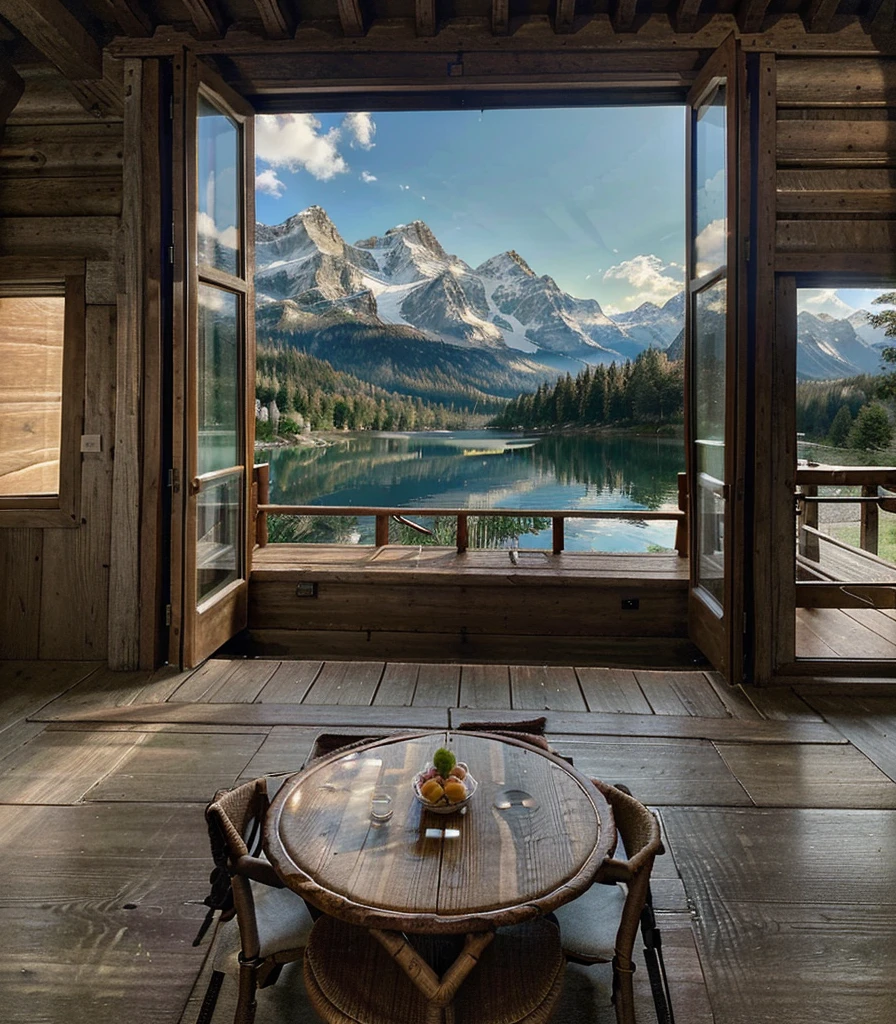 there is a table with food on it and a view of a lake, beautiful place, log cabin beneath the alps, paradise in the background, lake house, cozy place, all in the amazing outdoors view, setting in nature, beautiful setting, epic scenic shot, beautiful environment, epic and stunning, fantasy setting, fairy tale place, switzerland, cottagecore!!
