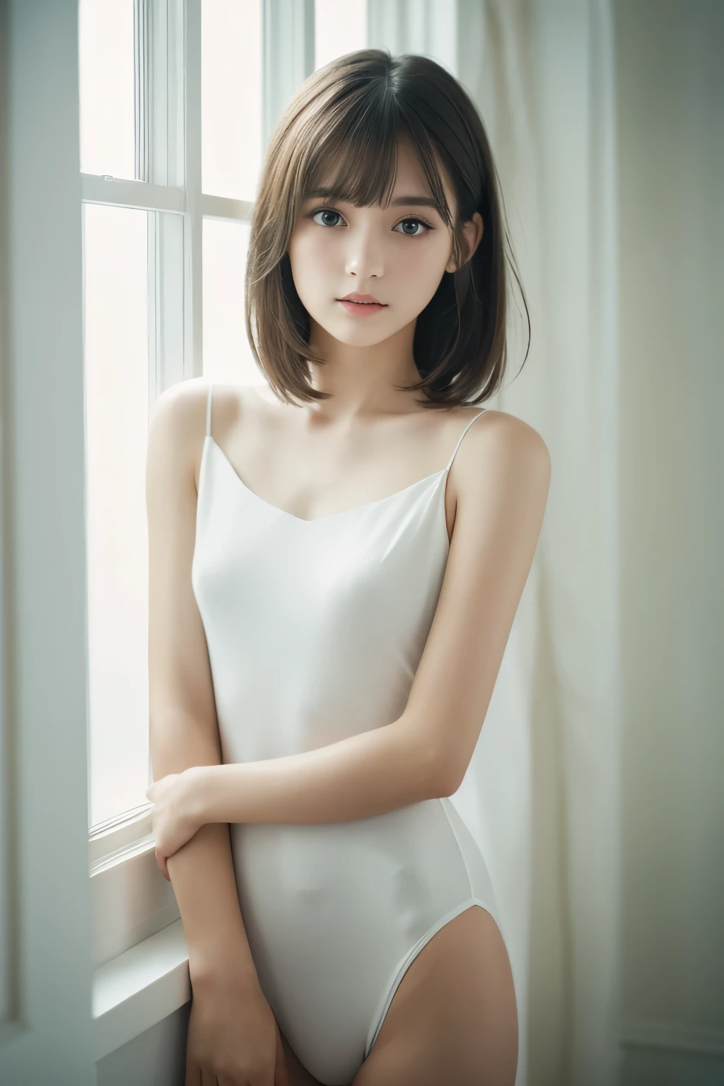 (masterpiece, top quality, raw photo, ), movie scene, natural light, white room, beautiful girl, (delicate eyes, pretty lips), looking at camera, (16 years old), (white camisole), dark eyes, bangs, short hair, light makeup, (innocence), delicate face, upper body, fair complexion, (slender body, thin arms), air movement, messy hair 