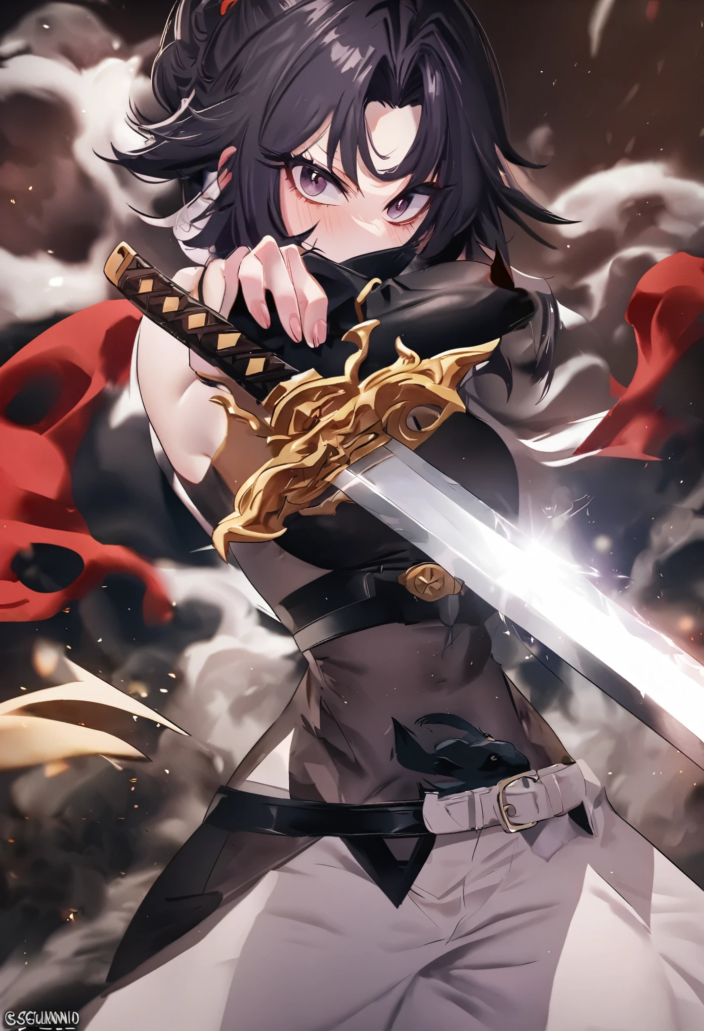 garota anime com espada e roupa preta posando para foto, segurando uma espada no ombro, protagonista feminina 👀 :8, badass anime 8 k, she is holding a sword, she is holding a sword katana, segura uma espada negra, melhor papel de parede de anime 4k konachan, com espada grande, female action anime girl, Demon Slayer Rui fanart, magra, 