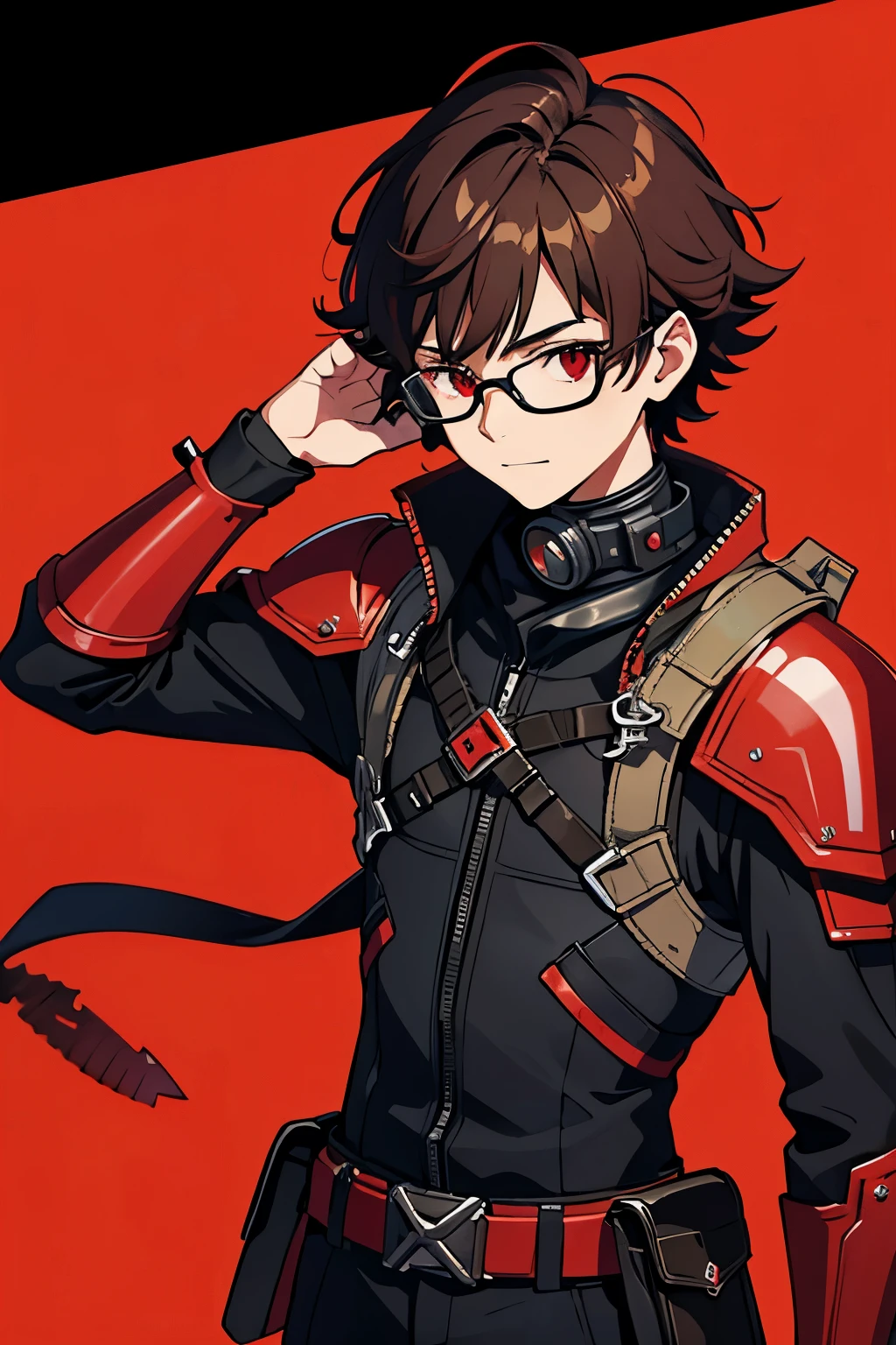 Teenage Male, Short Frizzy Dark Brown Hair for men, Red Eye, Black Glasses, Gas Mask, Black & Red Jumpsuit with Spike Armor Plate Shoulders, Shibuya City Theme Background, Happy Emotion mood, Anime, Masterpiece.