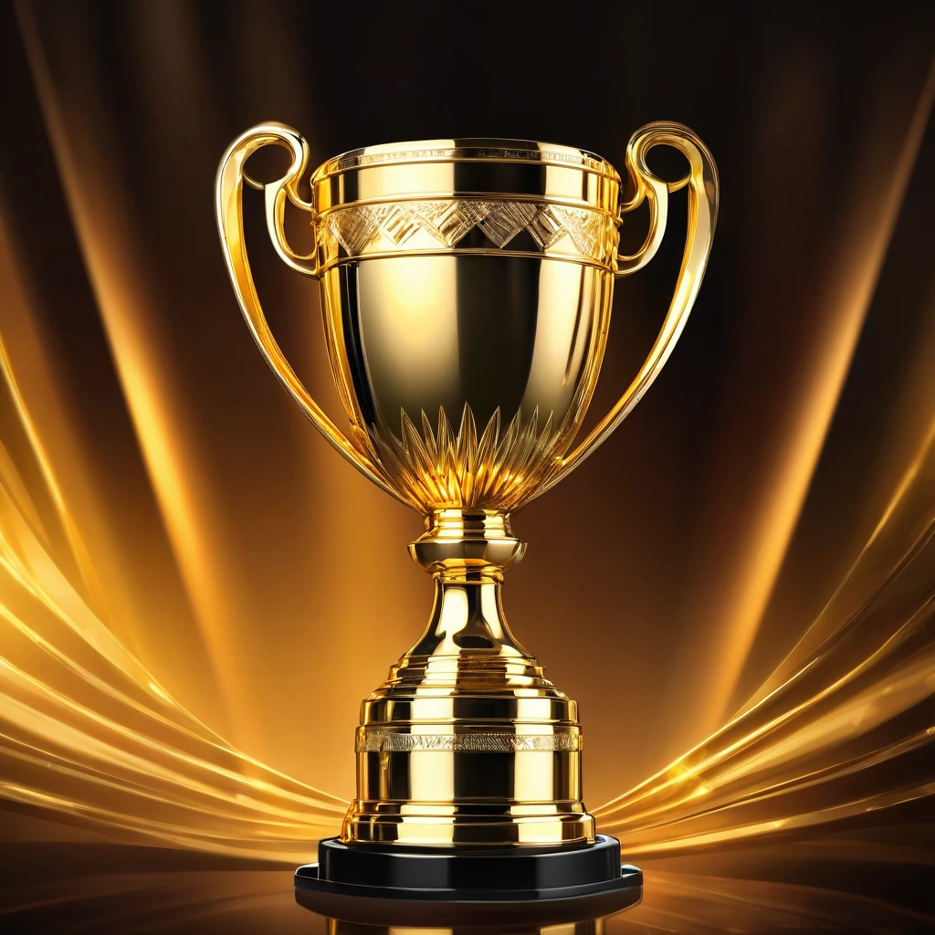 a shiny golden trophy, detailed engravings, polished surface, intricate patterns, masterful craftsmanship, intricate details, fine-textured base, gleaming lights, vibrant colors, realistic shadows and highlights, bokeh effect, Studio lighting, HDR, high-res, best quality, vivid colors, golden glow, glossy finish, lifelike reflections, triumph, achievement