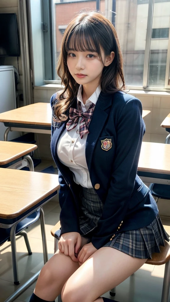 muste piece, best quality, illustration, Super detailed, fine details, High resolution, 8K,wall paper, perfect dynamic composition,(Details High quality, realistic depiction of eyes:1.3), from side, High School Classroom、High school girl uniform、blazer 、Super Short Check Uniform Skirt、Navy blue high socks、garterbelts、Colossal tits、Disturbed uniform, short hair, (wavy hair:1.2), black hair color, huge breasts, Big Natural Color Lip, bold sexy pose, (perfect body shape), crying a little、cold gaze, Harajuku style、20 year old girl、cute type, beautiful legs, hposing Gravure Idol, Voluptuous thighs