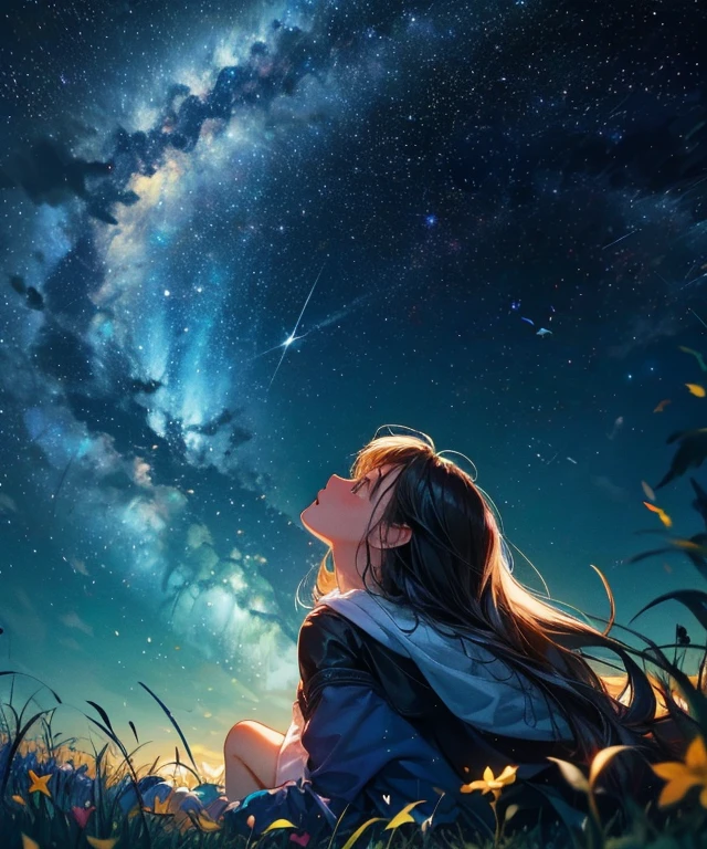 Describe a scene where a cute girl　is lying on a grassy hill, Looking up at the starry sky. Surround her with colorful nebulae and her favorite constellations.