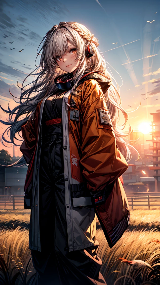 a girl with yellow glowing eyes, white wavy hair braided, bangs covering her forehead, she is smiling and wearing orange traditional Japanese hip-length jacket, black wide pants and red full-size headphones, the girl is standing in a field, the sun is setting, birds are flying across the sky