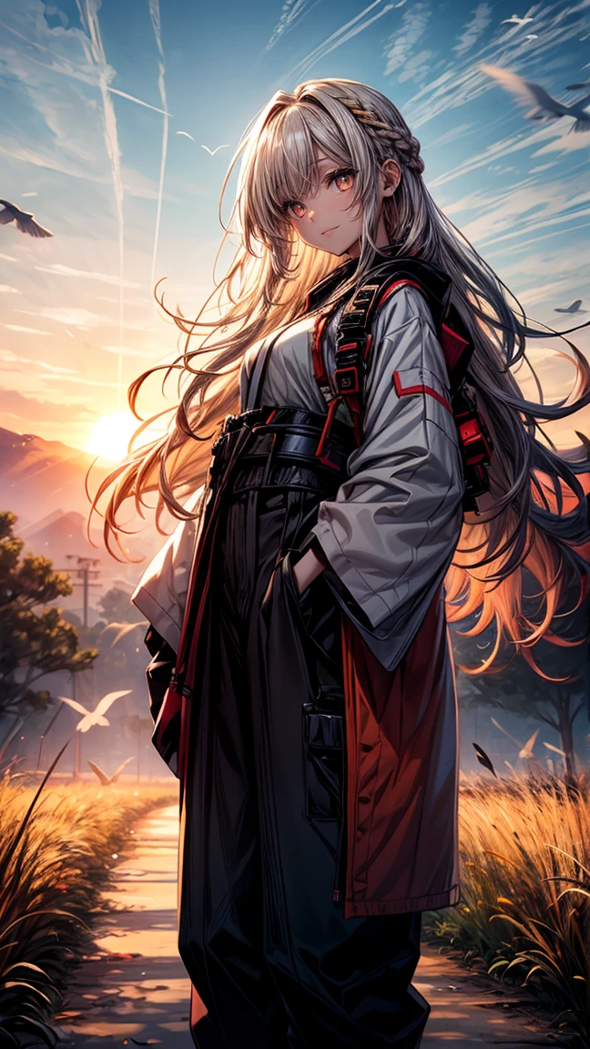 a girl with yellow glowing eyes, white wavy hair braided, bangs covering her forehead, she is smiling and wearing orange traditional Japanese hip-length jacket, black wide pants and red full-size headphones, the girl is standing in a field, the sun is setting, birds are flying across the sky