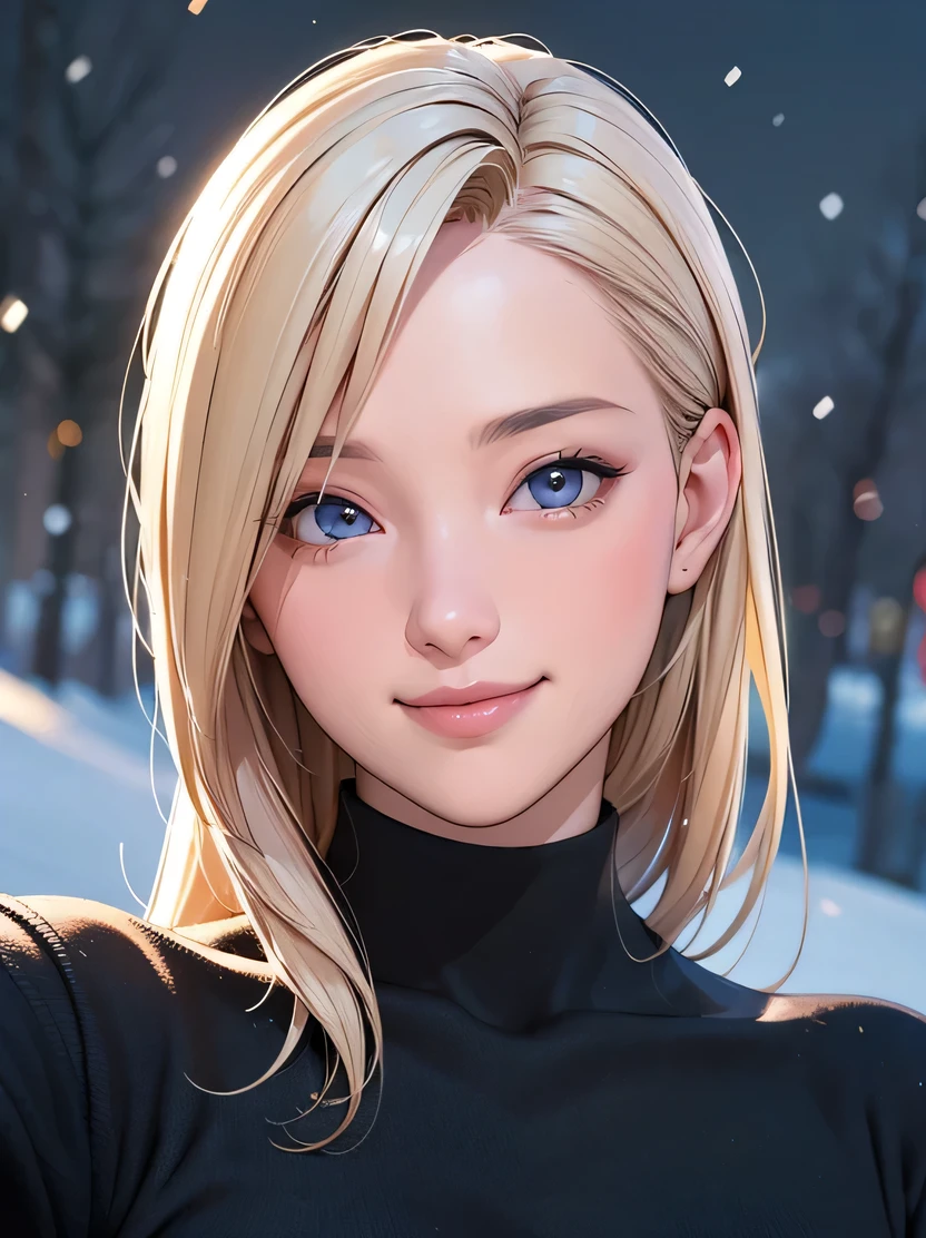 ((Masterpiece, Top Quality, Authentic, Super Detailed, High Definition, Sharp Focus, Photorealistic, Cinematic Lighting)), ((One Girl, Bust Shot)), Natural and Realistic Colors, (Perfect face, beautiful face), platinum blonde hair, happy, light smile, looking at viewer, black turtleneck sweater, outdoors, winter, snow, night, complex background, depth of field, detailed hand depiction, 3DMM