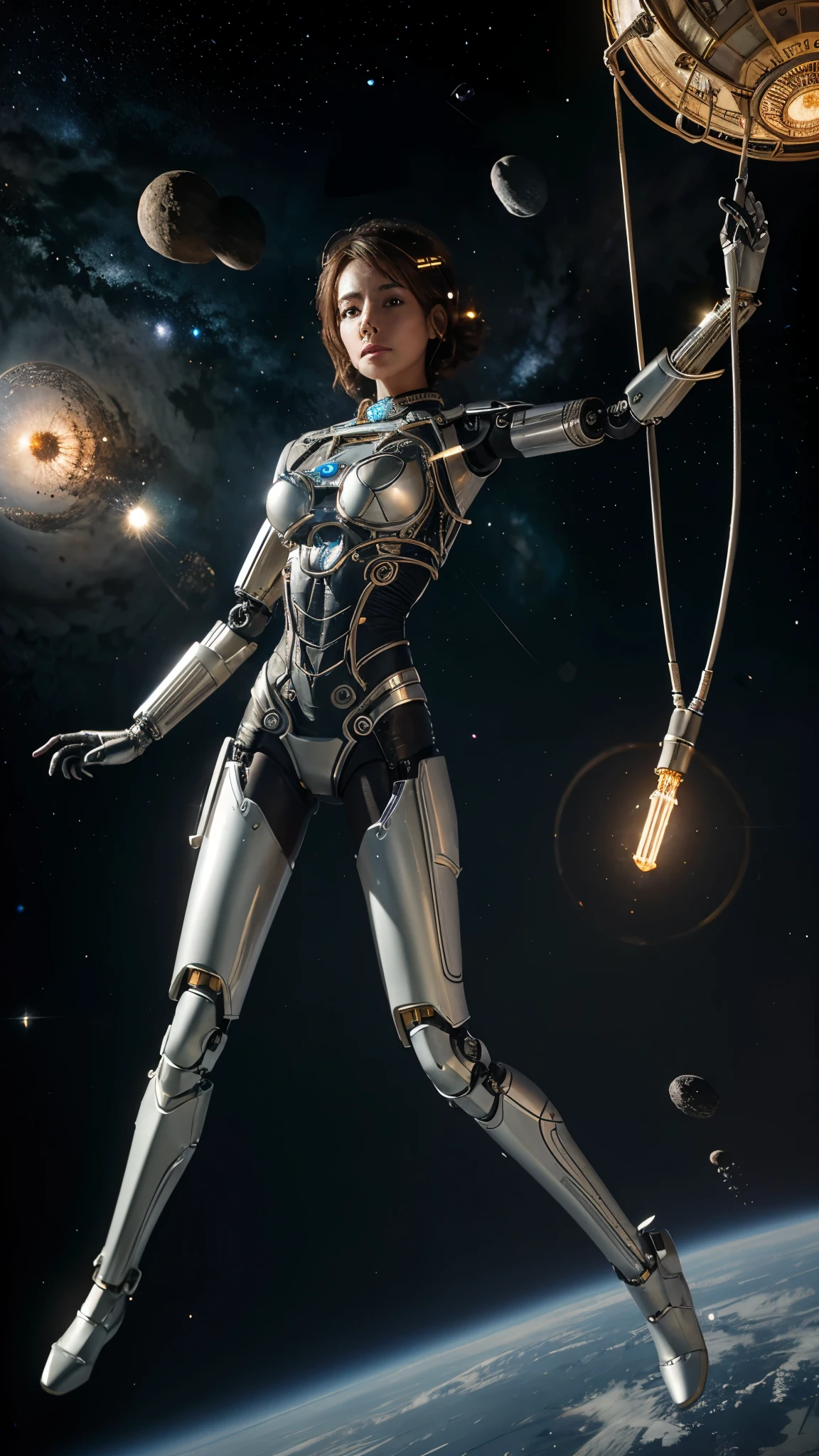 Female robot with artistic wirework and intricate bidy details floating in space, dynamic 