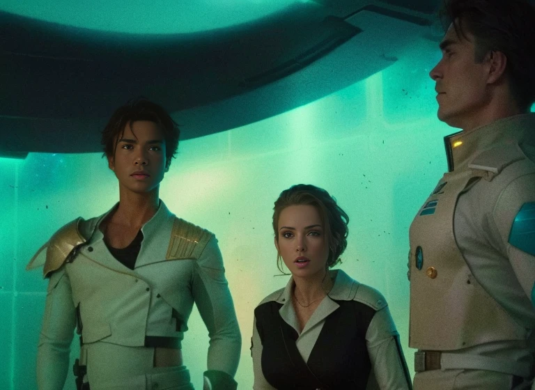 There are two women and one man standing in the room., SFMovie stills, Spaceship scene, Movie stills, SFMovie stills, Movie stills DND, Movie stills, dramatic SFMovie stills, リドリー・スコットのMovie stills, Movie stills, Movie stills DND movie, Movie Scenes