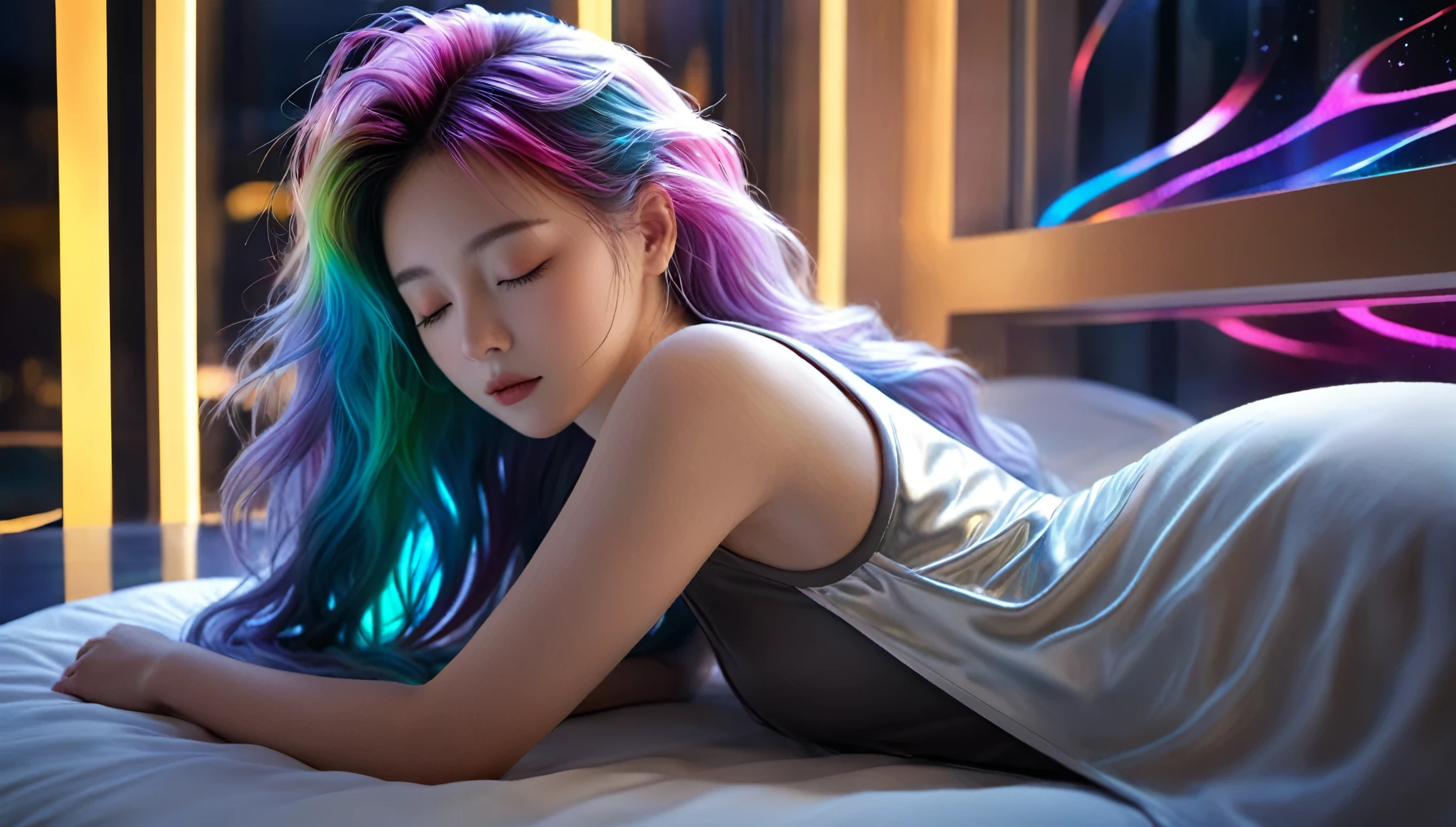 (best quality,8k,ultra-detailed:1.2),(CG,CG art,3D rendering),(masterpiece:1.2),（Crawling on the table），（Sexy clothing），(movie lighting,futuristic),(woman lying in bed,sleeping,closed eyes),(large window behind her,tranquil night),(colorful hair:1.5)