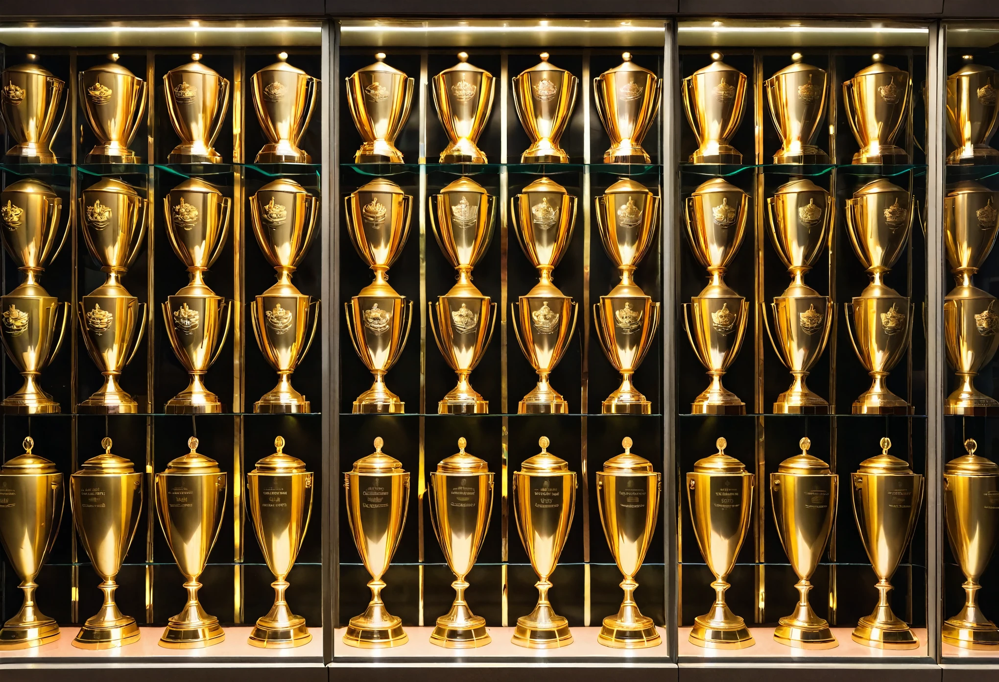 A big old glass cabinate full of shiny international advertising award trophies like gold lions and black pencils.
