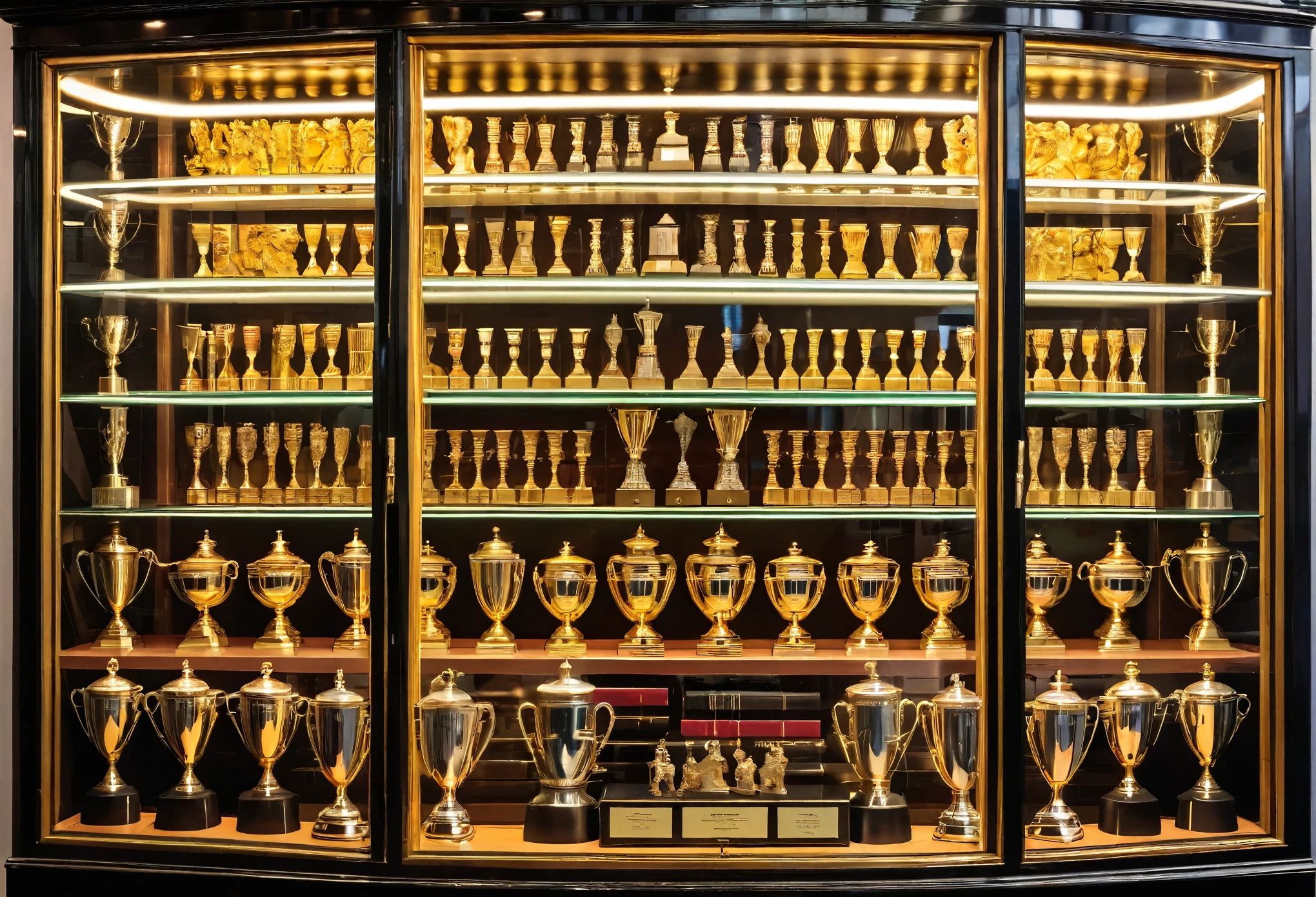 A big old glass cabinate full of shiny international advertising award trophies like gold lions and black pencils.