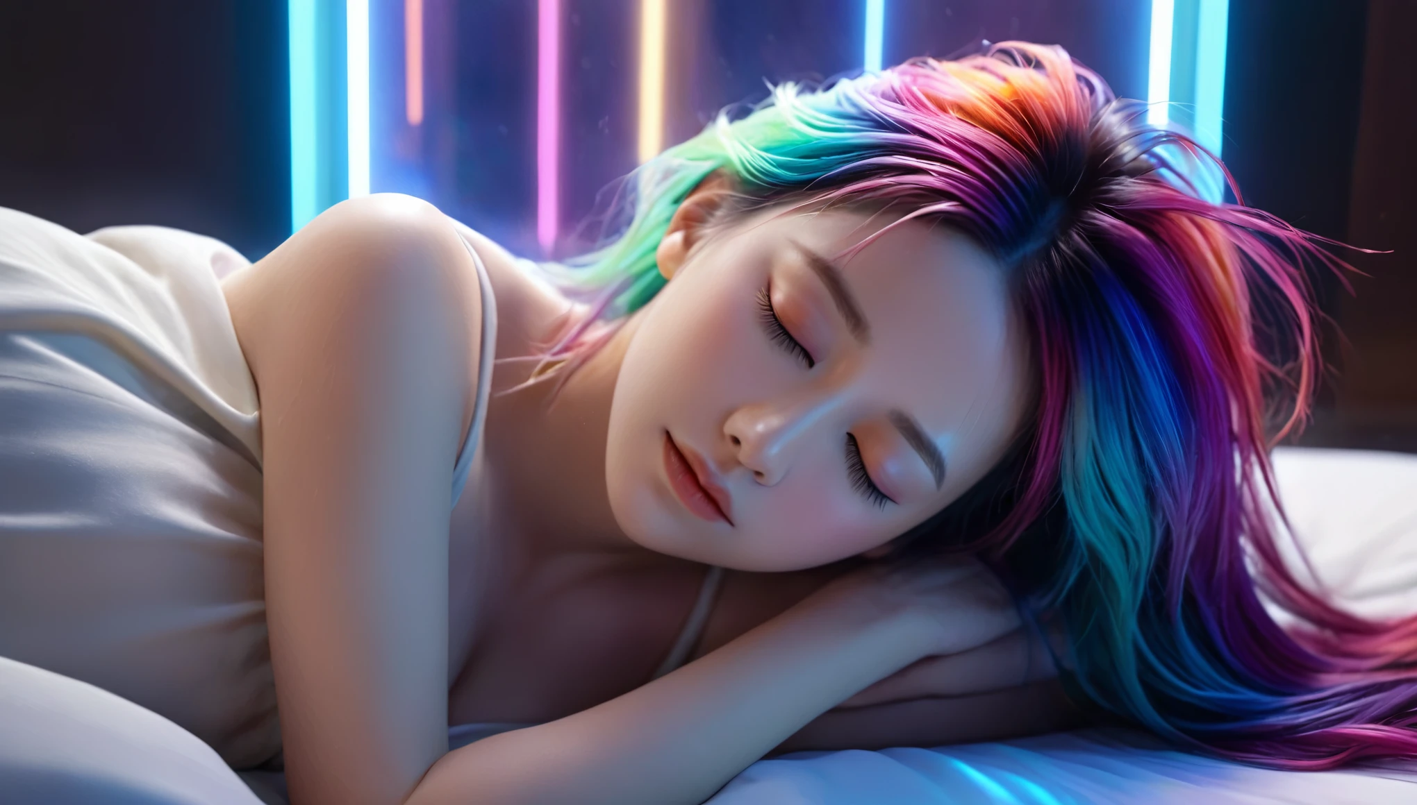 (best quality,8k,ultra-detailed:1.2),(CG,CG art,3D rendering),(masterpiece:1.2),（Crawling on the table），（Sexy clothing），(movie lighting,futuristic),(woman lying in bed,sleeping,closed eyes),(large window behind her,tranquil night),(colorful hair:1.5)