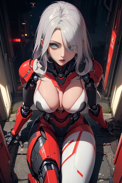 ((best quality)), ((masterpiece)), ((detailed eyes and face)), perfect face, female, gamer girl, aqua eyes, half-robot half-human, sex doll, large breasts, cherry-red lips, silver hair, long hair, robot prosthetic legs, thighs exposed, she has a white and red color theme, POV view from above, outside at night at an ally way, she is sitting on the ground