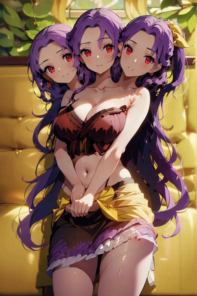 (masterpiece, best quality), best quality, (ultra-detailed), (3heads:1.5), 1girl, (sannyo komakusa:1.3), masterpiece, best quality, ultra quality, ultra resolution, ultra detail, dark red top, crop top, ((stomach)), midriff, ((groin)), multi-layered skirt, miniskirt, normal ears, shackles, purple hair with a ponytail, very long hair, wavy hair, sidelocks, red eyes, parted lips, sweat, cute, toned belly, hand on own chest, eyelashes, (23 year old woman:1.3), (masterpiece:1.5), (best quality:1.5), (beautiful detailed), extremely detailed CG, extremely delicate and beautiful, depth of field, (finely detailed face), (perfect details:1.2), (mature female:1.3), wide pelvis, slender, large veiny breast, 16k resolution, very high quality, very high definition, extremely detailed, masterpiece, purple hair with a ponytail, long hair, alluring presence, twin braid, short skirt, close up, big tits, young, yellow bow, golden fan,
