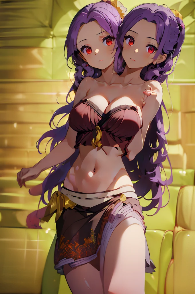 (masterpiece, best quality), best quality, (ultra-detailed), (3heads:1.5), 1girl, (sannyo komakusa:1.3), masterpiece, best quality, ultra quality, ultra resolution, ultra detail, dark red top, crop top, ((stomach)), midriff, ((groin)), multi-layered skirt, miniskirt, normal ears, shackles, purple hair with a ponytail, very long hair, wavy hair, sidelocks, red eyes, parted lips, sweat, cute, toned belly, hand on own chest, eyelashes, (23 year old woman:1.3), (masterpiece:1.5), (best quality:1.5), (beautiful detailed), extremely detailed CG, extremely delicate and beautiful, depth of field, (finely detailed face), (perfect details:1.2), (mature female:1.3), wide pelvis, slender, large veiny breast, 16k resolution, very high quality, very high definition, extremely detailed, masterpiece, purple hair with a ponytail, long hair, alluring presence, twin braid, short skirt, close up, big tits, young, yellow bow, golden fan,