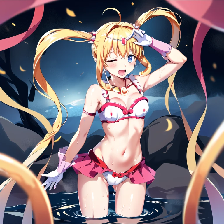 masterpiece, highest quality, High resolution, Hmm., Twin tails, tiara, blue eyes, Long Hair, Ahoge, hair ornaments, Idol, dress, gloves,  Cowboy Shot, smile, Open your mouth, Tentacles,Tentacles拘束,Tentacles挿入,Tentacles陵辱,Tentaclesに襲われている,Tentaclesに犯されている,Naughty attack,Ecstasy,Naughty expression,Heroine in Trouble,Energy Drain,Untransform,whole body,Spreading her legs,My clothes are torn,
steam（mist）,Wet,Sweat,Climax,Eyes closed,Watery eye,
