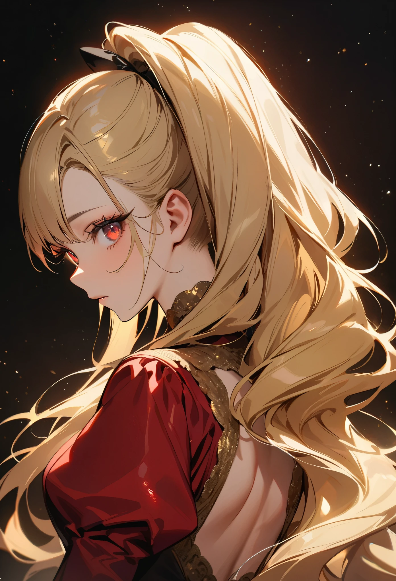 (masterpiece, best quality:1.2), (face focus:1.4), back focus, from behind, blonde hair, long hair, high ponytail, long ponytail, red eyes, long eyelashes, thick eyelashes, looking at viewer, red dress, backless dress, gold trim dress, puffy sleeves, juliet sleeves, long sleeves, red sleeves, (black background:1.2), light particles, blurry, bloom, shiny hair,
