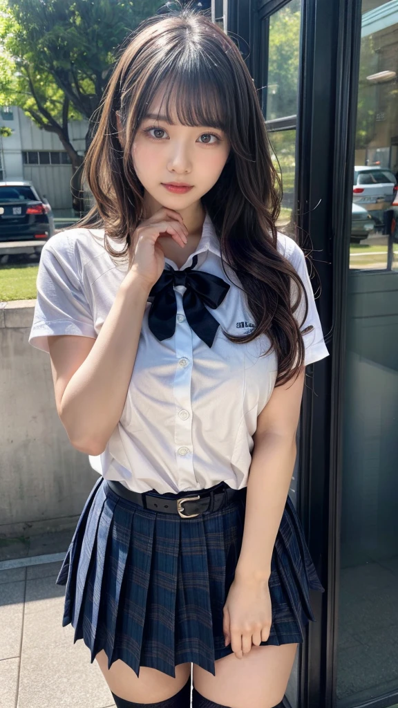 muste piece, best quality, illustration, Super detailed, fine details, High resolution, 8K,wall paper, perfect dynamic composition,(Details High quality, realistic depiction of eyes:1.3), from side, High School Classroom、High school girl uniform、blazer 、Super Short Check Uniform Skirt、Navy blue high socks、garterbelts、Colossal tits、Disturbed uniform,  short hair, (wavy hair:1.2), black hair color, huge breasts, Big Natural Color Lip, bold sexy pose, (perfect body shape), crying a little、cold gaze, Harajuku style、20 year old girl、cute type, beautiful legs, hposing Gravure Idol, Voluptuous thighs