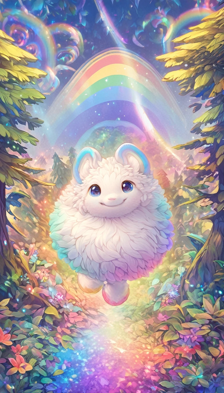 Super Deformation, Furry, interesting, highest quality, highest quality, 16k, Fluffy white cute andrill, A big smile, Cute pose, in the forest, Fantasy world image, Fantastic and mysterious, Sparkling rainbow pastels and vibrant colors、Diverse visual style combining various artistic elements
