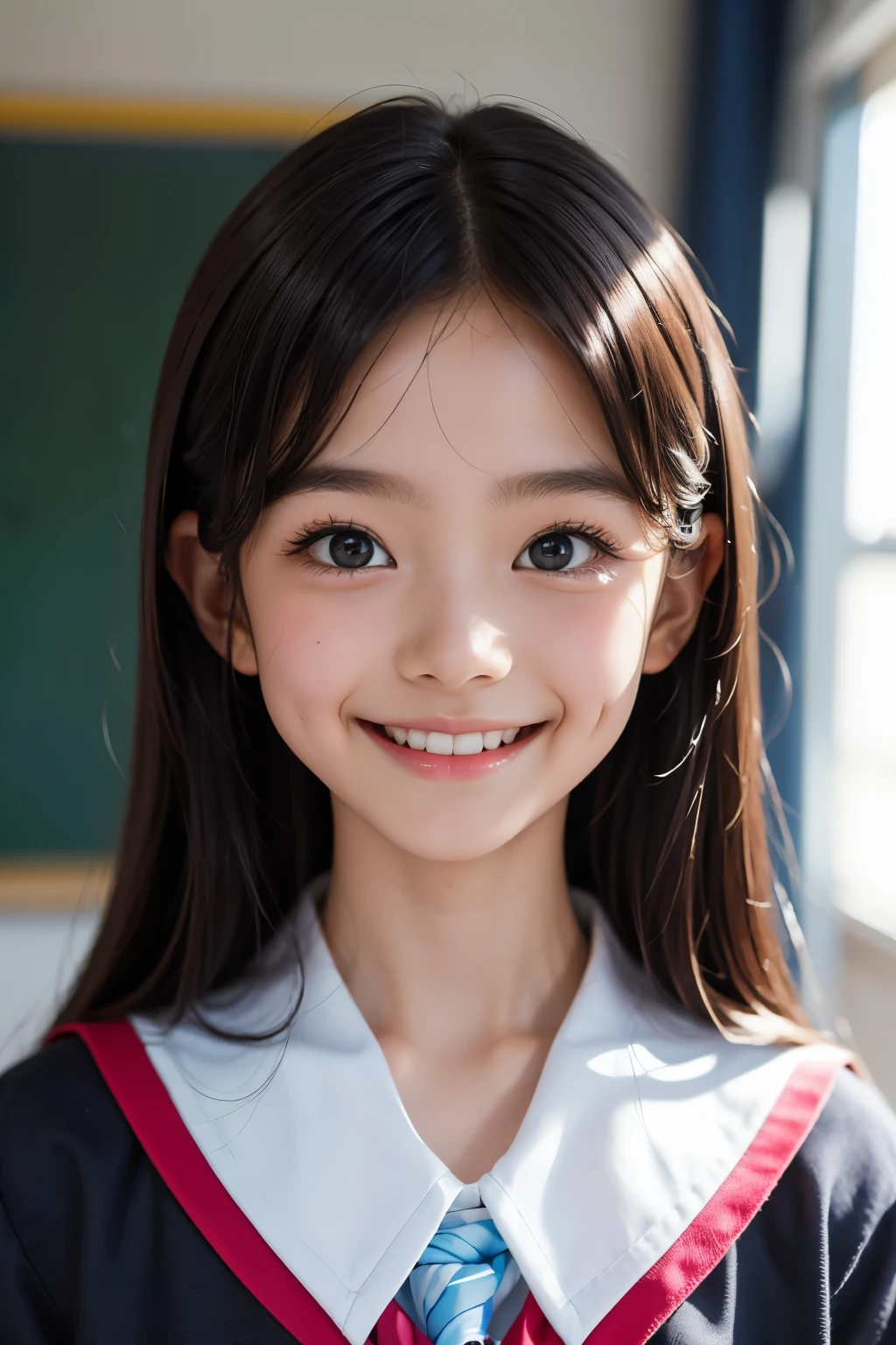 lens: 135mm f1.8, (highest quality),(RAW Photos),, classroom, uniform,cute, smile, Close-up, 12 years old