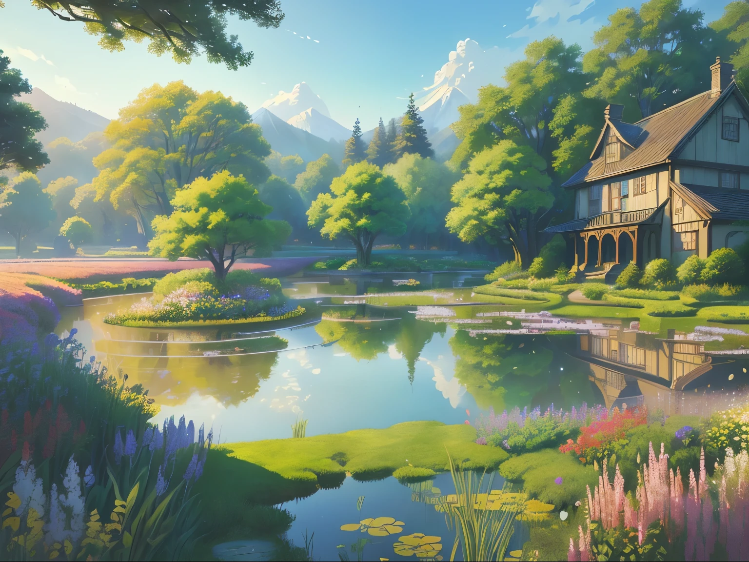 There is a painting，There is a garden in the painting，There is a pond and a house inside, Fairy tale style background, background technologywork, anime rural scenery, background technology, Garden Background, royal Garden Background, Detailed scenery —width 672, A beautiful artistic illustration, pond landscape, garden pond scene, Landscape Art Detail, 2D Game Art Background, environment design illustration, anime background technology