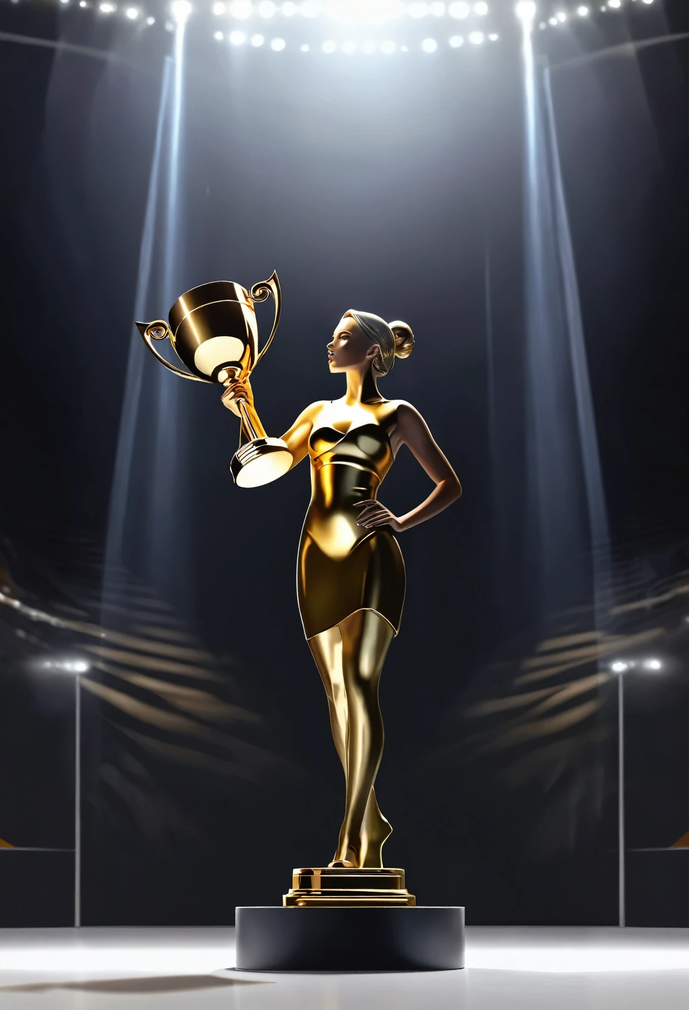 champion holding a golden trophy, on a podium,minimalist journey,illustration,"best quality,4k,8k,highres,masterpiece:1.2",ultra-detailed,hdr,studio lighting,vivid colors,sharp focus,physically-based rendering,extremely detailed face and eyes,beautiful lips,long eyelashes,sleek and modern podium design,uncluttered background,minimalistic scenery,moody lighting