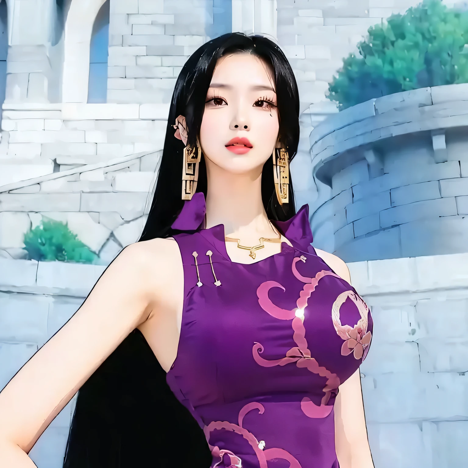 asian woman, purple dress, gold snake earrings, black hair, big tits