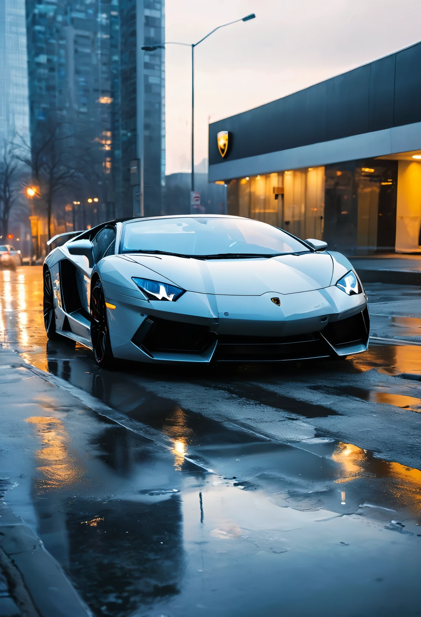 Lamborghini aventador parked outside modern high rise foggy_morning cold_lighting wet_pavement