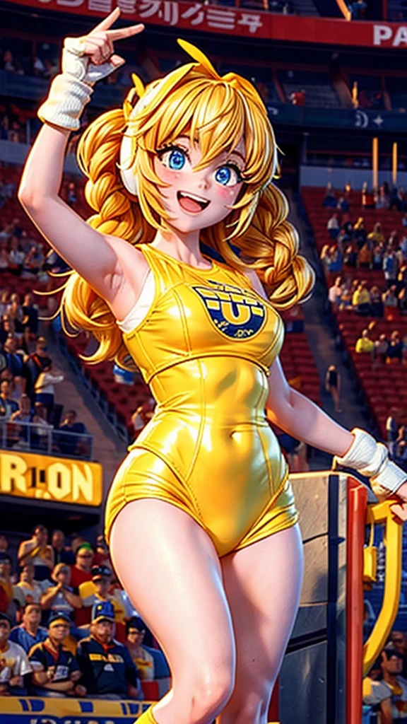 (Gold Trophy)Girl holding up a、stadium podium、wrestling、Winner