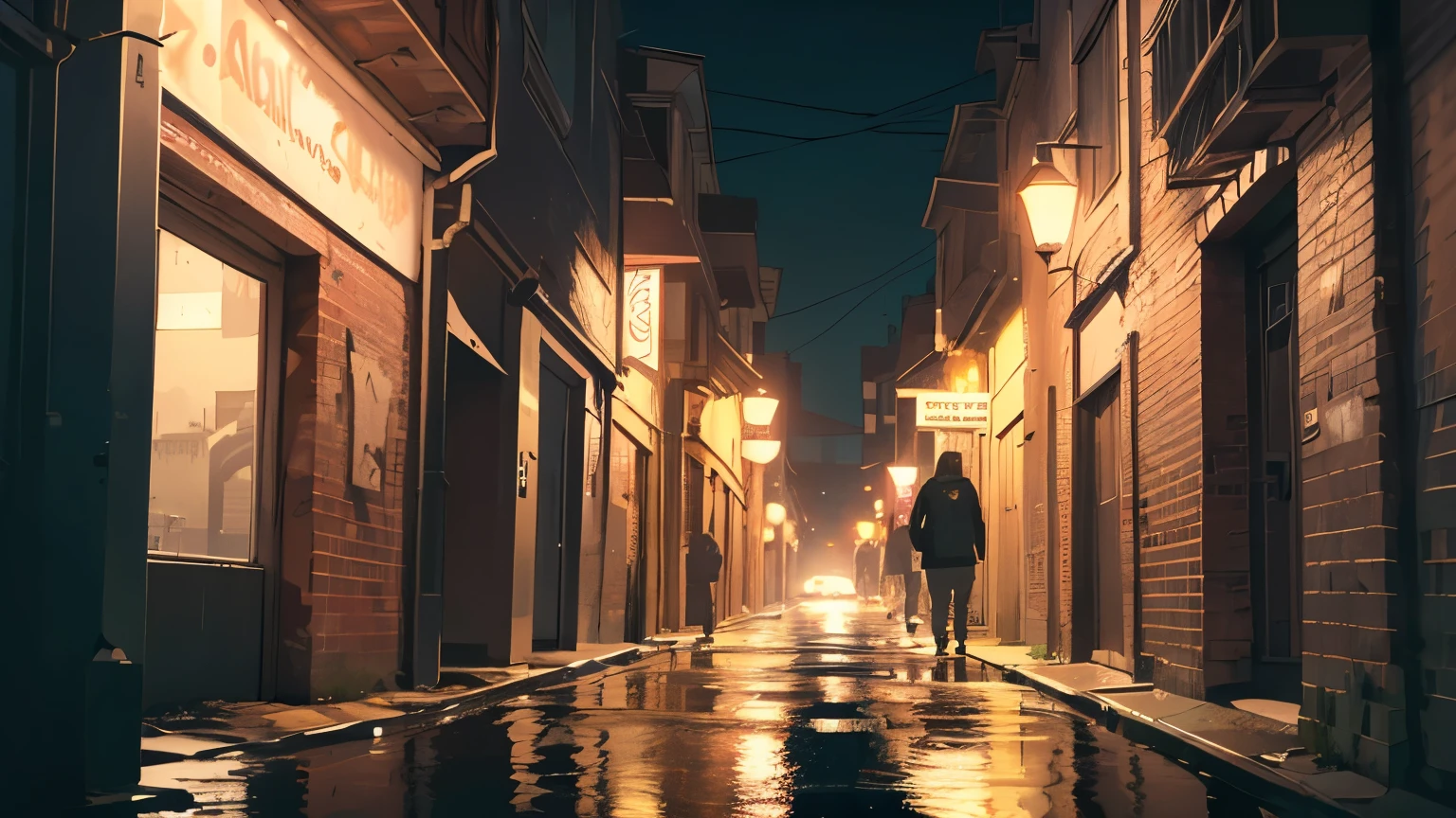 ((best quality)), ((masterpiece)), ((detailed)), a dark alley way behind buildings at night, there are a few puddles on the ground, colorful cyberpunk city