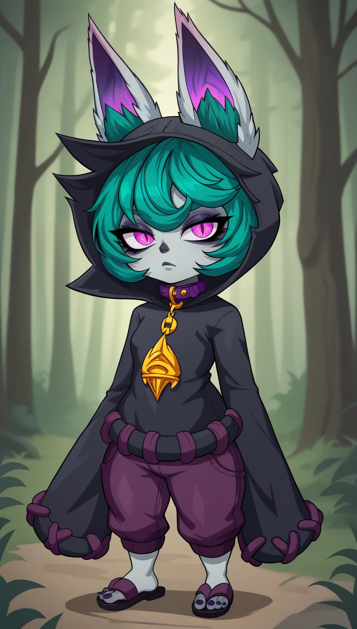 VexLoLXL, yordle, shortstack, pink eyes, green hair, bangs, short hair, grey skin, colored skin, black hood, hood up, ears through headwear, white animal ears, black shirt, purple collar, golden ornament, long sleeves, sleeves past wrists, purple pants, sandals, solo, standing, looking at viewer, forest, tree