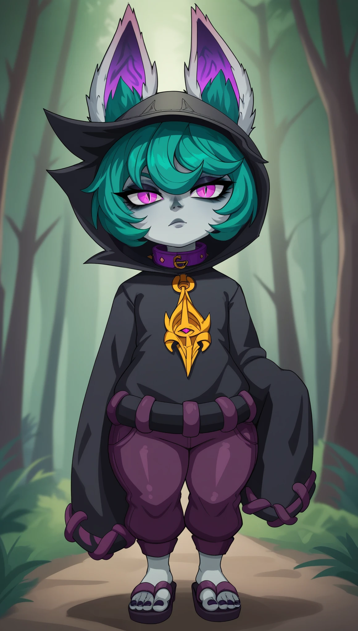 VexLoLXL, yordle, shortstack, pink eyes, green hair, bangs, short hair, grey skin, colored skin, black hood, hood up, ears through headwear, white animal ears, black shirt, purple collar, golden ornament, long sleeves, sleeves past wrists, purple pants, sandals, solo, standing, looking at viewer, forest, tree