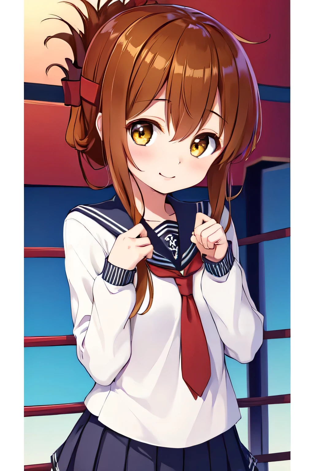 
Tabletop, highest quality, 8k_wallpaper, (beautiful eye), ((cute)), cute, (Lovely), (((Sunny day pro wrestling))),1 girl,,1 ,smile(masterpiece, highest quality:1.2),figure,8k,High resolution,One girl,alone,Upper Body,(Portraiture:1.2),Brown_hair,Folded_ponytail,Brown_eye,serafuku,length_hair,School_uniform,skirt,Pleats_skirt,